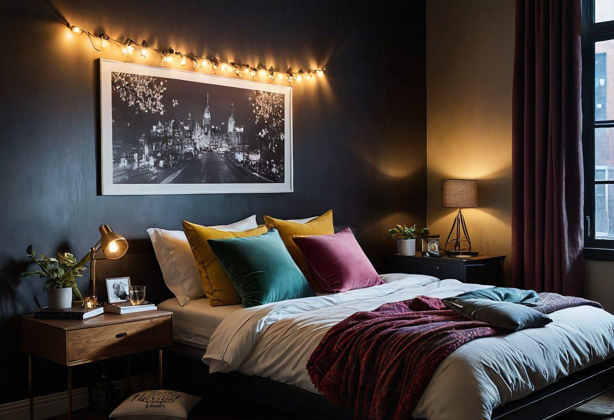 A playful, dimly-lit room filled with cozy textures, featuring an eclectic mix of colorful pillows, a vintage projector casting soft, alluring images on the wall. A whimsical cocktail on a table alongside a smartphone showing a cheeky video, all elements radiating a fun and enticing vibe. Add a touch of glamour with glimmering fairy lights. vibrant colors. moody lighting. 3D.