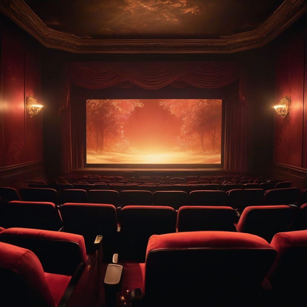 An artistic representation of a dimly lit theater showcasing a large screen displaying a tantalizing scene from an adult film. The ambiance is filled with a hint of intrigue, with silhouettes of captivated viewers in plush seats. Subtle sparks of desire are visualized as soft glows around the screen highlighting a blend of passion and allure. Elegant decor reflects sophistication, making the space inviting yet mysterious. painting. warm tones. dramatic lighting.